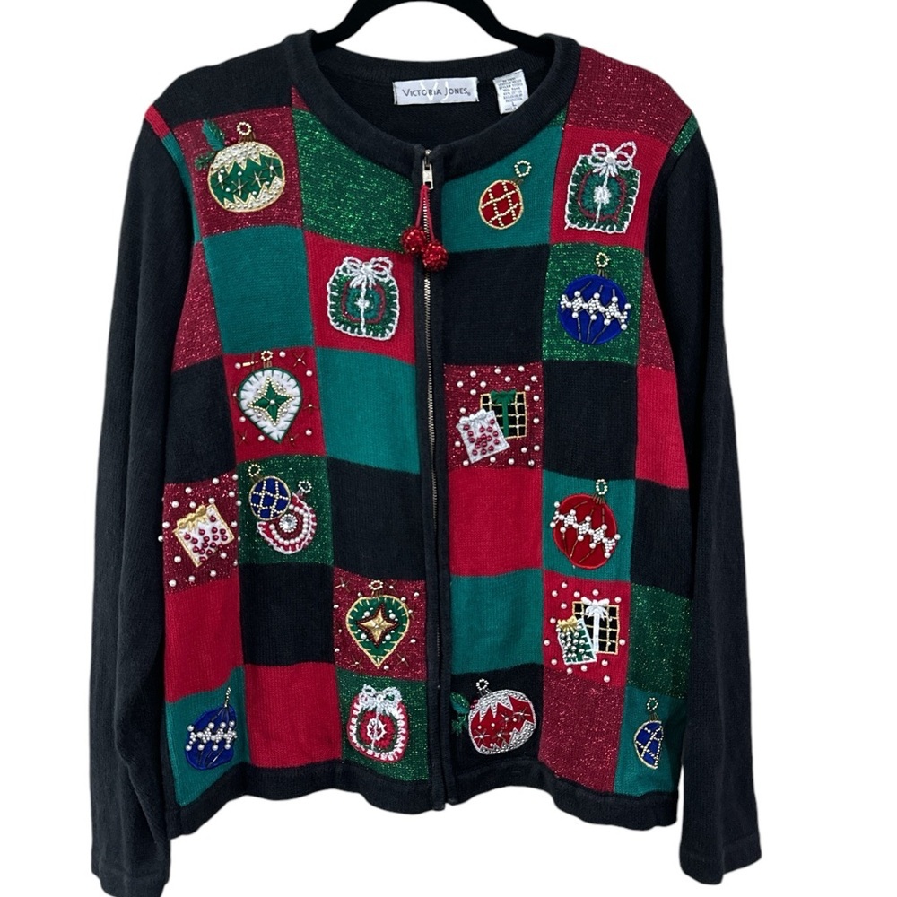 VINTAGE Victoria Jones CHRISTMAS ZIP UP SWEATER Women's Size Large
